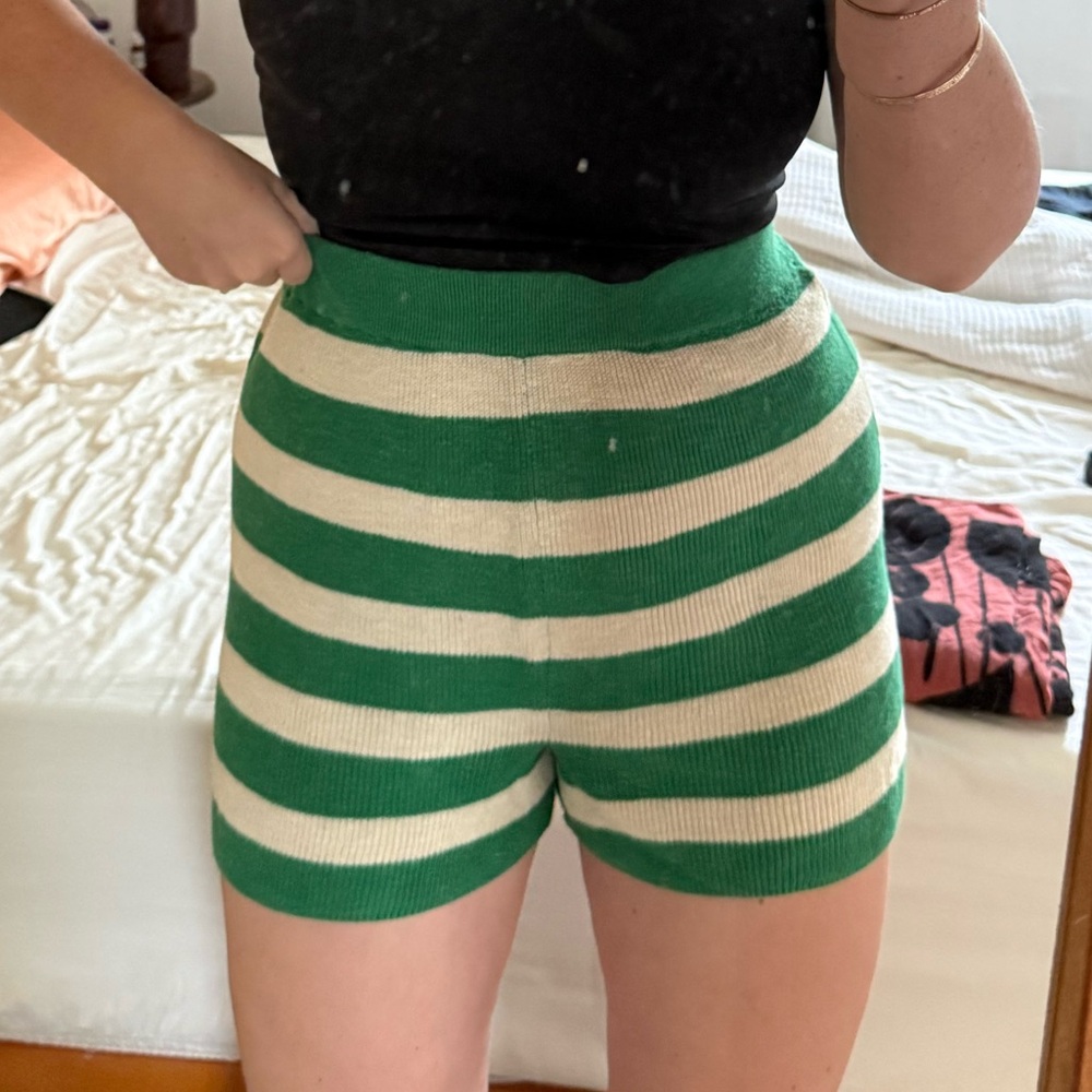 Free People High-Waist Green and Cream Striped Knit Shorts